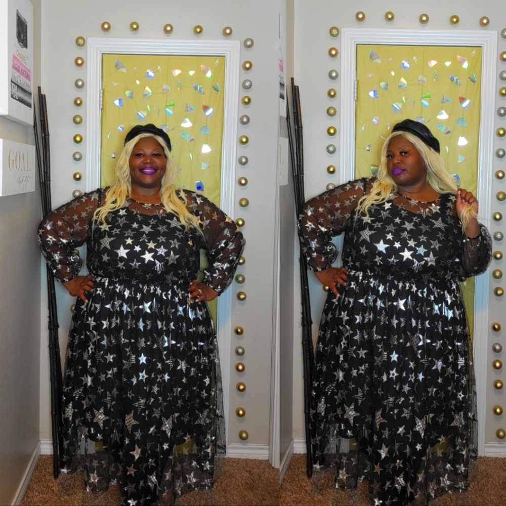 Bloomchic  Star Mesh Patchwork  Sleeve Dress